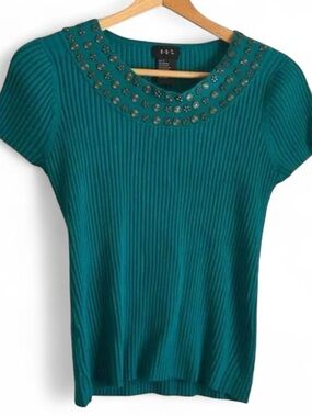 R.Q.T. Women's L Vintage Y2K Teal Embellished Stretchy Ribbed Knit Sweater Top